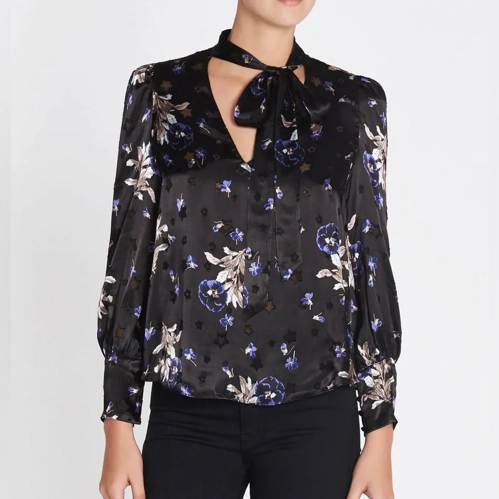 Rebecca Taylor Satin Burnout Scarf Neck Top - Violet Floral Size 4 - Picture 1 of 14